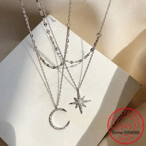 925 Silver Double Beads Chain Star Moon CZ Choker Necklace Wedding Party