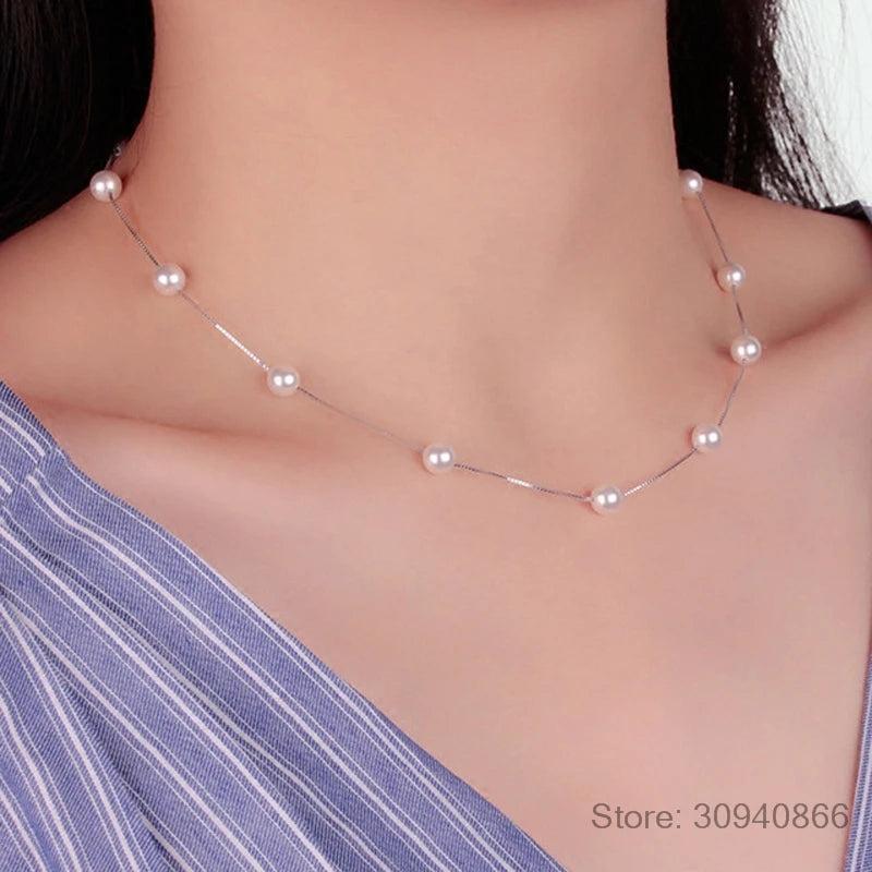 925 Silver Pearl Box Chain Choker Necklace
