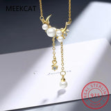 925 Silver Pearl Tassels Moon Pendant Necklace for Women
