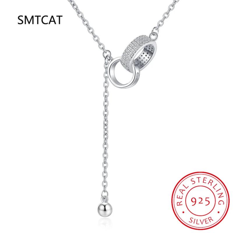 925 Silver CZ Double Circle Tassel Choker Necklace