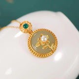Vintage Hetian Jade S925 Silver Pearl Necklace Peace Buckle Flower Pendant