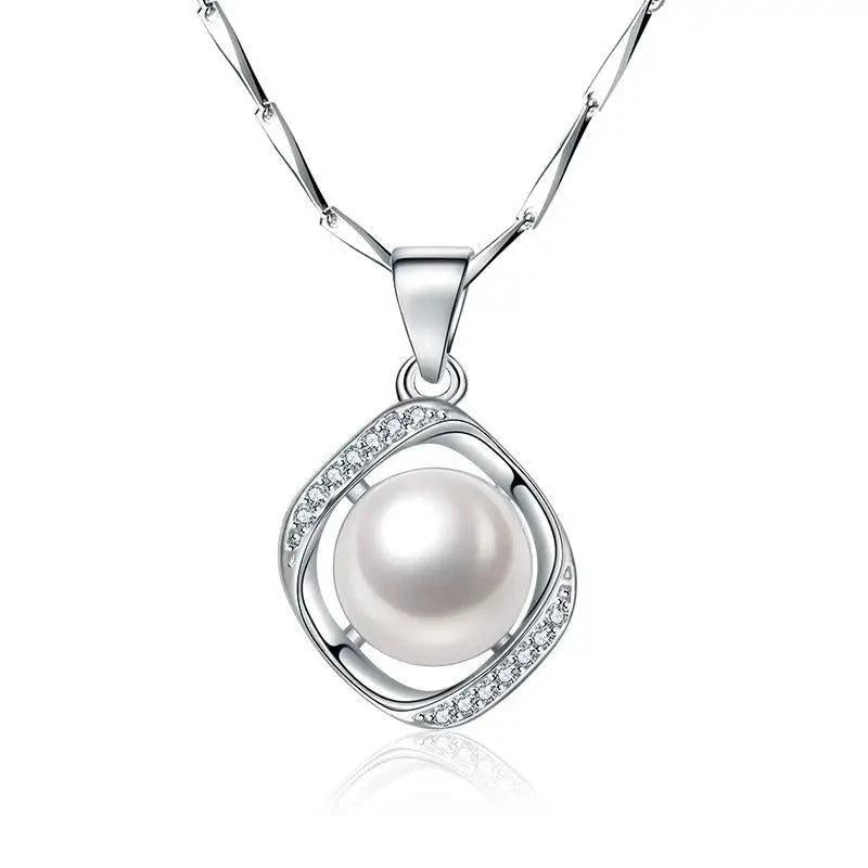 Pearl Zircon Pendant Necklace 925 Silver Wedding Accessory Women Bridal Gift