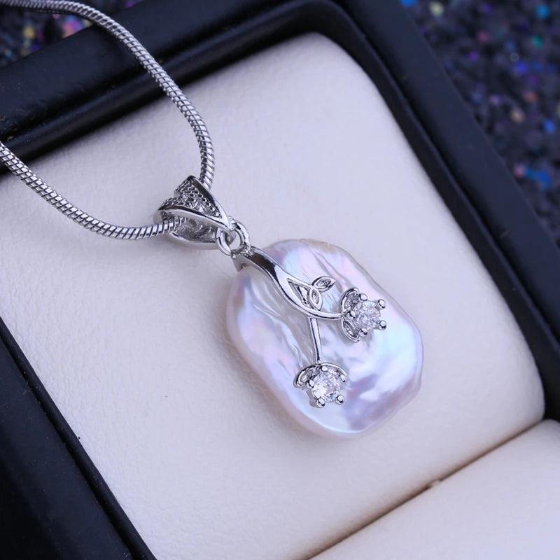 Natural Baroque Pearl Pendant Necklace Silver Flower Pendant