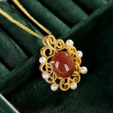Natural South Red Chalcedony Pearl Pendant Necklace Chinese Retro Palace Women's