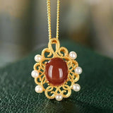 Natural South Red Chalcedony Pearl Pendant Necklace Chinese Retro Palace Women's