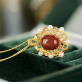 Natural South Red Chalcedony Pearl Pendant Necklace Chinese Retro Palace Women's