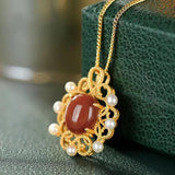 Natural South Red Chalcedony Pearl Pendant Necklace Chinese Retro Palace Women's