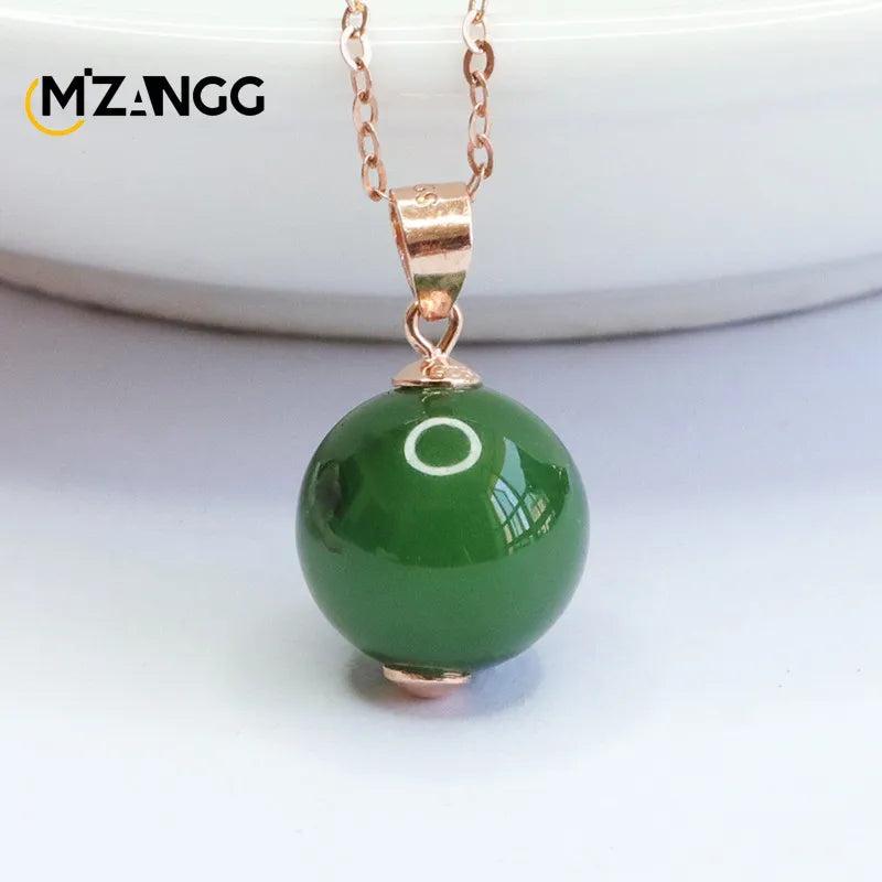 S925 Green Agate Round Pearl Jade Pendant Necklace for Women