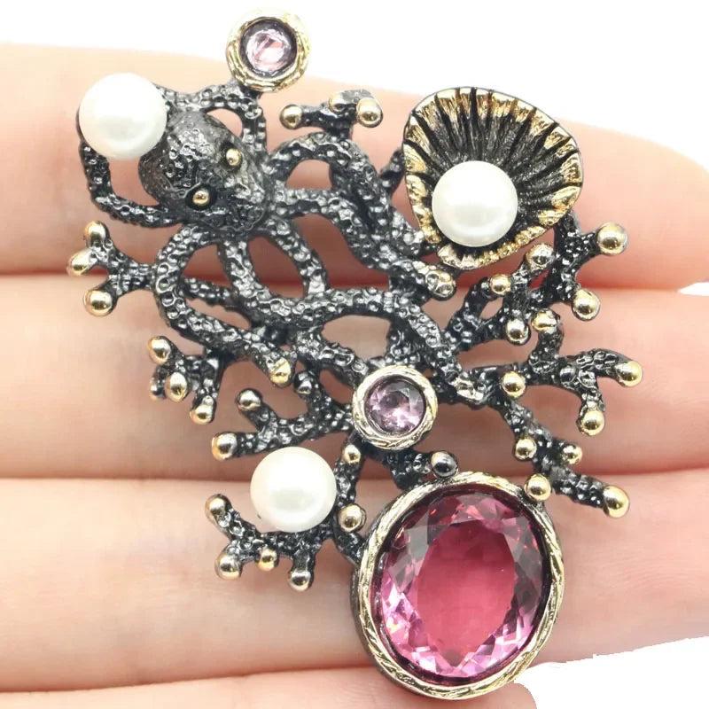 Neo-Gothic Octopus Red Ruby Tanzanite Morganite Silver Pendant