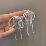 Sweet Bows Pearls Ear Drop Bowknot Dangle Earrings Unisex Long Tassels Earwear
