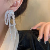 Sweet Bows Pearls Ear Drop Bowknot Dangle Earrings Unisex Long Tassels Earwear