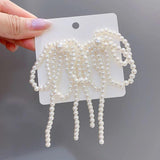 Sweet Bows Pearls Ear Drop Bowknot Dangle Earrings Unisex Long Tassels Earwear
