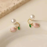 Summer Fresh Pink Flowers Stud Earrings Fine Pearl Women Jewelry