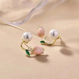 Summer Fresh Pink Flowers Stud Earrings Fine Pearl Women Jewelry