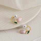 Summer Fresh Pink Flowers Stud Earrings Fine Pearl Women Jewelry