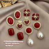 Burgundy Vintage Pearls Earrings Women Christmas Stud