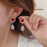 Burgundy Vintage Pearls Earrings Women Christmas Stud