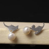 925 Silver Pearls Stud Earrings Cat Play Ball Freshwater Pearls Jewelry