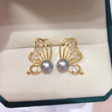 Natural Freshwater Pearl Butterfly Stud Earrings for Women