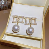 Pearls Beads Bowknot Stud Earrings for Women Letter Piece Earring