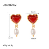 Uworld Carnelian Inlaid Love Pearl Earrings Ring Set