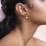 Uworld Carnelian Inlaid Love Pearl Earrings Ring Set