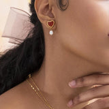 Uworld Carnelian Inlaid Love Pearl Earrings Ring Set