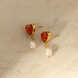 Uworld Carnelian Inlaid Love Pearl Earrings Ring Set