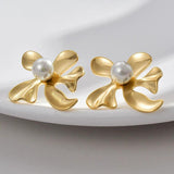 Stainless Steel Pearl Flower Stud Earrings for Women