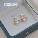 Freshwater Pearl Stud Earrings with Zircon, Geometric Triangle Design