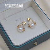Freshwater Pearl Stud Earrings with Zircon, Geometric Triangle Design
