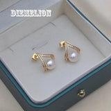 Freshwater Pearl Stud Earrings with Zircon, Geometric Triangle Design