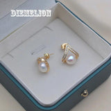 Freshwater Pearl Stud Earrings with Zircon, Geometric Triangle Design