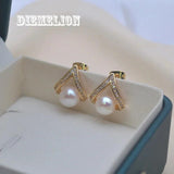 Freshwater Pearl Stud Earrings with Zircon, Geometric Triangle Design