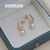 Freshwater Pearl Stud Earrings with Zircon Crystal Musical Note