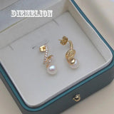 Freshwater Pearl Stud Earrings with Zircon Crystal Musical Note