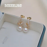 Freshwater Pearl Stud Earrings with Zircon Crystal Musical Note