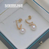 Freshwater Pearl Stud Earrings with Zircon Crystal Musical Note