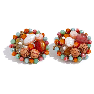 Vintage Crystal Agate Pearl Stud Earrings Women's Jewelry