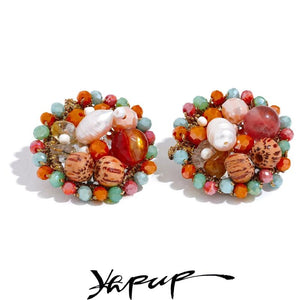 Vintage Crystal Agate Pearl Stud Earrings Women's Jewelry