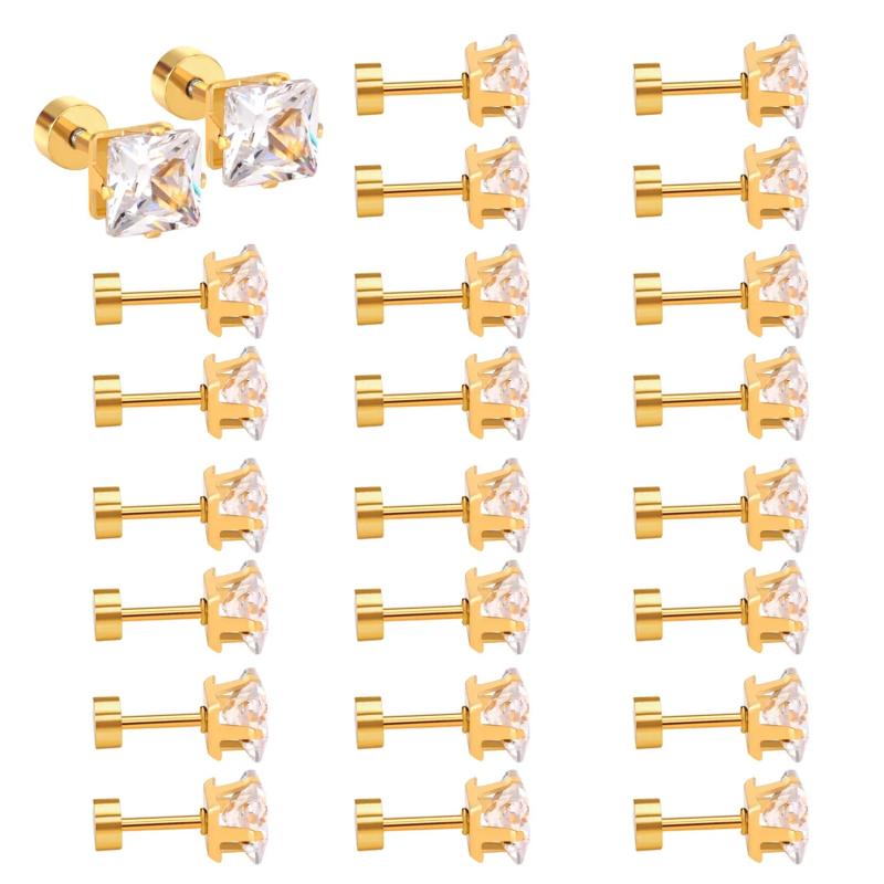 12Pairs Multi Colored CZ Stud Earrings 18K Plated Stainless Steel