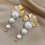 Exaggerated Fan Shaped Pearl Drop Earrings for Women
