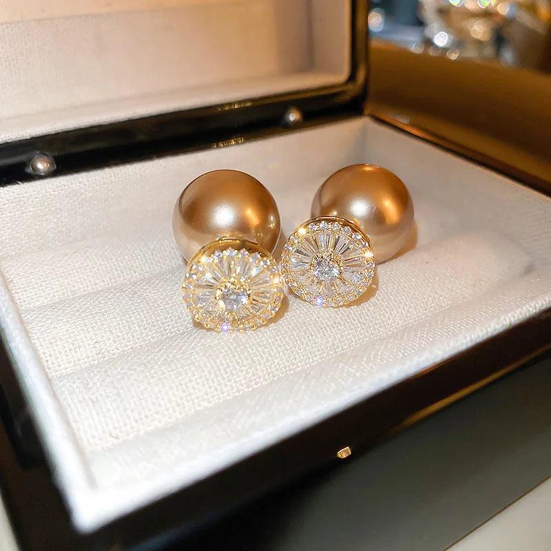 Champagne Pearl Stud Earrings Zirconia Jewelry