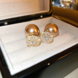 Champagne Pearl Stud Earrings Zirconia Jewelry