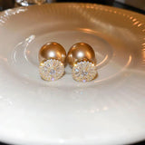 Champagne Pearl Stud Earrings Zirconia Jewelry