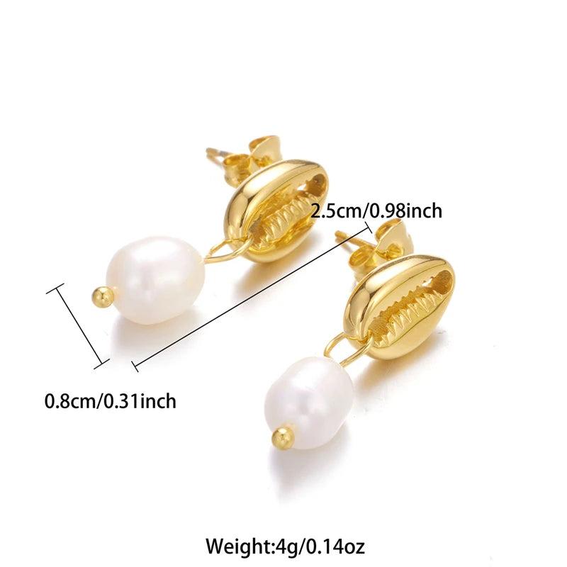Gold-Plated Shell Stainless Earrings with Pearl Pendant Jewelry
