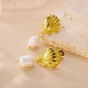 Gold-Plated Shell Stainless Earrings with Pearl Pendant Jewelry