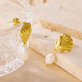 Gold-Plated Shell Stainless Earrings with Pearl Pendant Jewelry