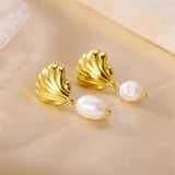 Gold-Plated Shell Stainless Earrings with Pearl Pendant Jewelry