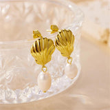 Gold-Plated Shell Stainless Earrings with Pearl Pendant Jewelry